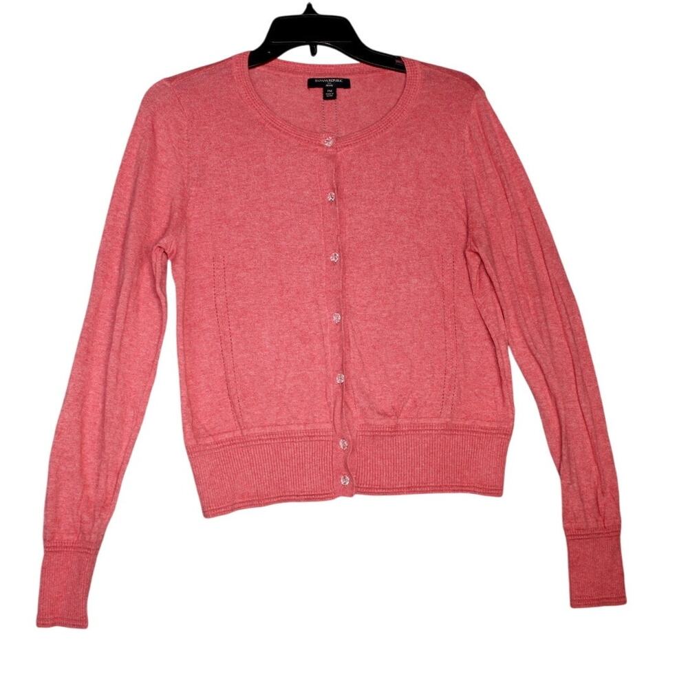 Banana Republic Womens Petite Medium Coral Lightweight LS‎ Button Sweater